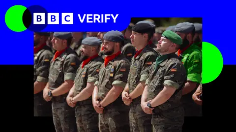BBC Spanish soldiers wearing differently-coloured berets stand in rows with their hands crossed in front of them. BBC Verify branding appears in the top left of the image.